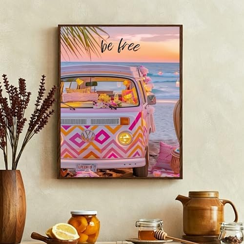 EOPLK Beach Diamond Painting Kits for Adults, Be Free Beach Van Diamond Art Kit for Beginners, 5D DIY Full Drill Round Gem Painting by Numbers for Home Wall Decor Gift, 12x16 inch