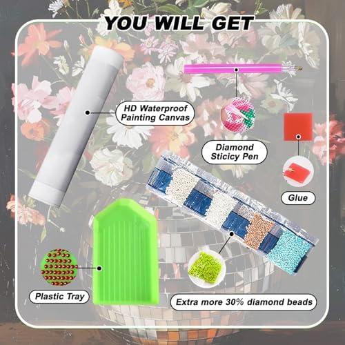 GOUOYANA Diamond Art Disco Ball - Flower Diamond Painting Kit, Fun DIY Crafts for Adults Round Diamond Art Canvas for 5D Diamond dots (Gemstone Craft), Home Wall Decoration 12" x 16" (30 cm x 40 cm)