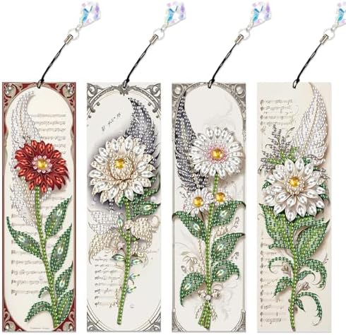 4-Pack 5D Flower Diamond Painting Bookmarks Kit, DIY Diamond Art Bookmarks with Colorful Diamond Gems and Tassels, Floral Bookmark Making Set for Adults, Gift for Book Lovers
