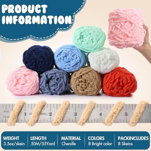 Buryeah 8 Pack Chunky Chenille Yarn for Crocheting (Multicolor)