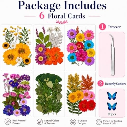 181 pcs Dried Flowers for Resin, Natural Flowers and Leaves Kit with Butterfly Stickers， Vacuum Sealed DIY Pressed Flowers for Jewelry Molds, Candle Soap Making, Scrapbook, Nail Art (Colorful-A)