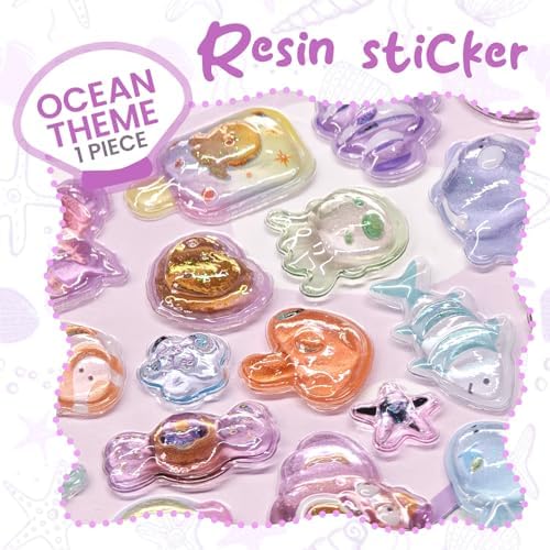 Cute Relief Stickers Purple Ocean Theme Puff Stickers with Glitter Kawaii Fish, Snails, Seaweed 3D Puffy for Scrapbooks Planner Journals Laptops Phone Case Decoration Laptops Phone Case DIY