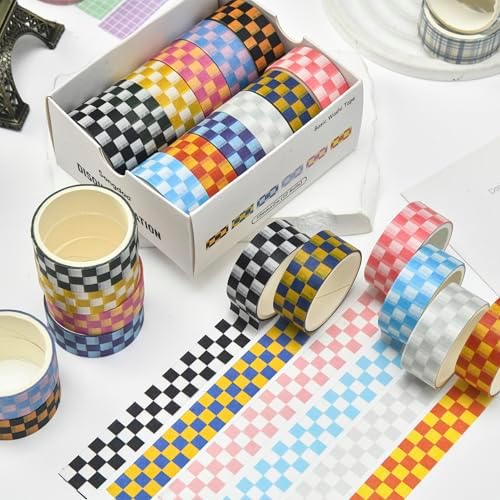 12 Rolls Grid Washi Tape Set Plaid Arts Adhesive Tapes Basic Patterns Decorative Masking Tape Sets for Craft, Kids, Scrapbook, DIY, Gift Wrapping (Style Two)
