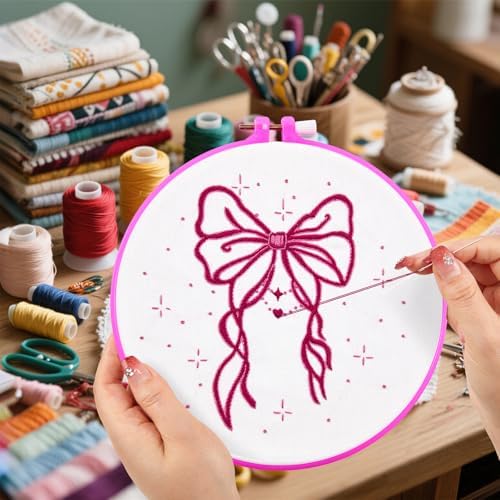 2 Sets Pink Hand Embroidery Kits for Beginners Adults, Cute Bow Embroidery Starter Kits, Cross Stitch Kits for Beginner Needlepoint DIY Kits for Adult, 2 Set Embroidery Hoops, Thread & Video Tutorial