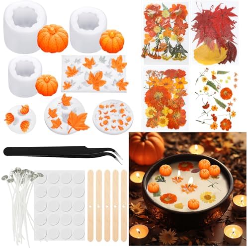 Janinka 108 Pcs Fall 3D Pumpkin Silicone Candle Molds Gift Set DIY Craft Resin Pumpkin Molds Making Kit with Maple for Autumn Craft Making Fondant Soap Candy Clay Tools Home Decor
