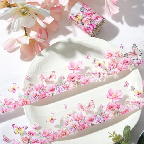 Gilprop 5 Rolls Floral Washi PET Tape Set Flower Butterfly Scrapbook Junk Journal Supplies, Clear Decorative Tape Stickers DIY for Arts Crafts Bullet Planner, 50mm Wide x 78. 74 Inch Long/roll