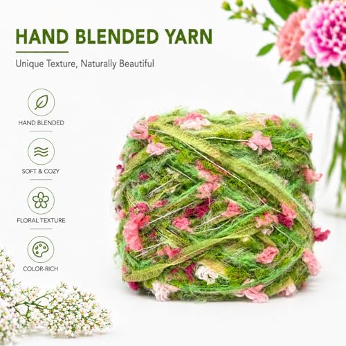 Soft Fancy Yarn for Crochet and Knitting, Novelty Art Yarn for DIY Crafts, Textured Decorative Yarn for Weaving, Handmade Projects and Home Decor (Green Blush)