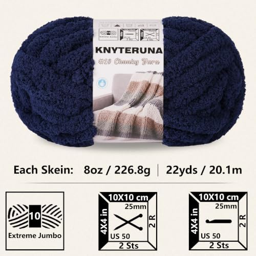 Chunky Yarn for Hand Knitting, #10 Chunky Blanket Chenille Yarn, Large Bulky Thick Jumbo Yarn, Super Chunky Knit Yarn for Crocheting, 8 Skein (8 oz 22 yds Each Skein), Navy Blue