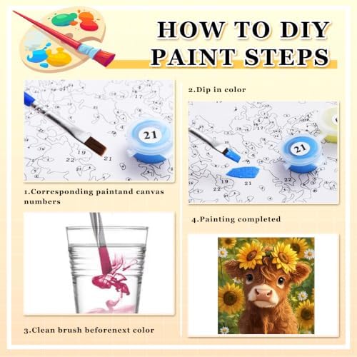 2 Pack Highland Cow Paint by Numbers Kit for Adults Framed Easel 10x10 inch | Highland Cow Adult Paint by Numbers, Paint by Number with Frame with Painting Brushes for Wall Decor DIY Acrylic Oil Painting