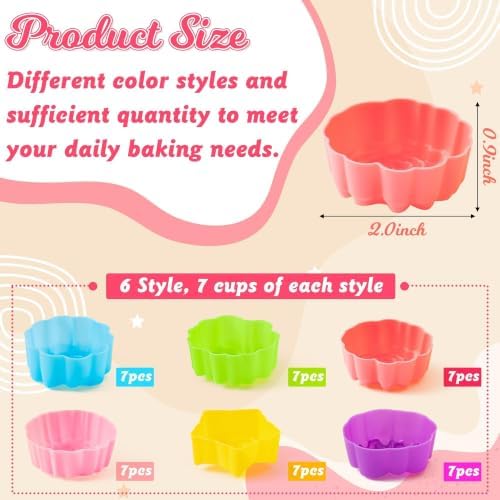 R HORSE 42 Pack Silicone Molds Cupcake 2 Inch Mini Size Multi Flower-Shaped Baking Cups Non-Stick Donut Wrapper Mold Muffin Liners Washable for Desserts Ice Creams Puddings Donut Supply Party