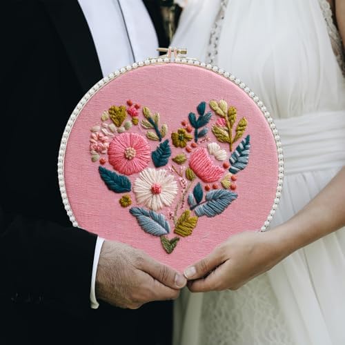 FONNUY I Love You Embroidery Kit for Beginners, Pre-Stamped Pattern Kits, Romantic Anniversary for Women Men, Valentine's Day Gifts Thread Needlework, 8'' Hoop (Love 03)