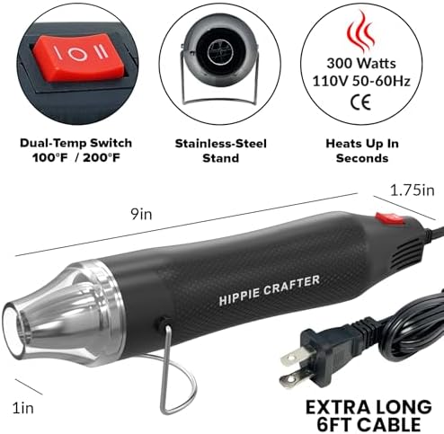 HIPPIE CRAFTER Heat Gun for Crafting, 2-Speed 300W Craft Heat Gun, Mini Hot Air Torch Tool for Resin, Polymer Clay, Candle Making, Shrink Wrapping, Embossing, Epoxy Painting