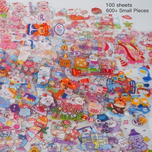 Cute Animal Stickers Set (100 Sheets) -Kawaii Clear PET Transparent Cartoon Decorative Scrapbooking Supplies for Bullet Journaling,Diary,DIY Arts Crafts,Album,Planner,Junk Journals,Calendars Notebook