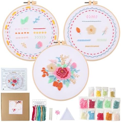 Myfelicity Bead Embroidery kit with Floral Patterns, Colorful Thread Sets, and Instructions, Suitable for Beginners and Adults, Box Packaging