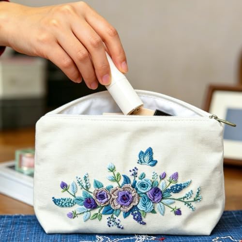 FONNUY Embroidery Kit Makeup Bag for Beginners, Flowers Pre-Stamped Pattern Handbag Coin Purses Making Kits for Adults with Hoop, Easy to Follow Color Thread Needlework (Blue)