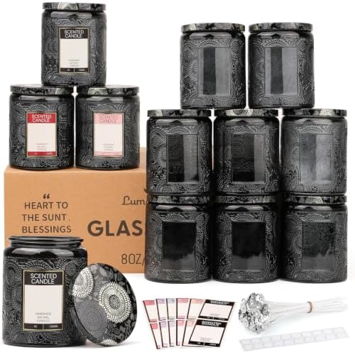 LumaCraft Luxury Embossed Glass Candle Jars for Making Candles - 12 Pack 8oz Empty Candle Containers with Airtight Metal Lids, 20 Wicks & 20 Stickers, Colored Glass Jars for Gifts & Decor