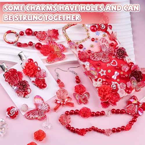 350 Pieces 3D Resin ABS Colorful Rose Flower Bows Butterfly Charms with Flatback Half Round Pearl Beads for Bracelet Earring Necklace Craft DIY Making Supplies