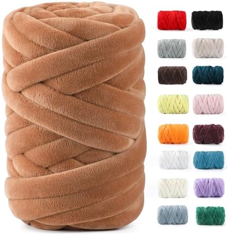 Chunky Yarn for Hand Knitting- Velvet Chenille Tube Yarns- Jumbo Yarns for Blankets, Pet Beds, Machine Washable (0.66 Lb/18.59 Yd), Easy No-Tool Arm Knitting & Crochet Project Yarn (Caramel)