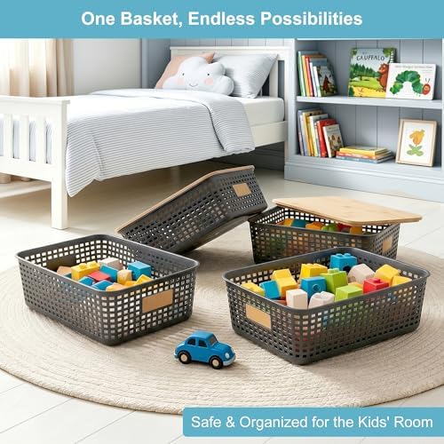 Bagnizer 4 Pack Plastic Storage Bins with Bamboo Lids, 6.2qt Stackable Storage Organizer Box with Lable for Pantry Shelves Drawers Desktop Office, 12"L x 8.3"W x 3.5"H, Gray