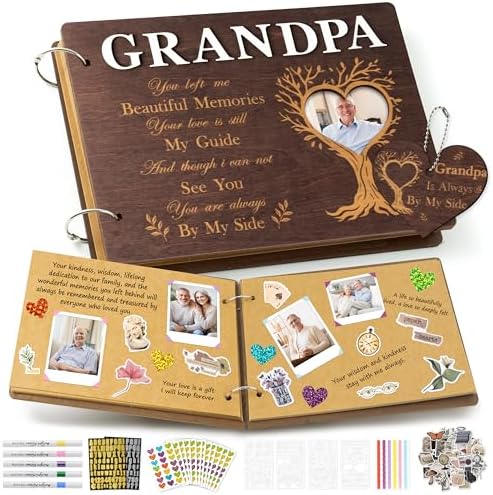 CY2SIDE Grandpa Memorial Gifts Photo Album – 110PCS In Loving Memory of Grandpa Wooden Scrapbook Kit Sympathy Gift for Loss of Grandfather, Bereavement Grief Album for Father’s Day & Grieving Family
