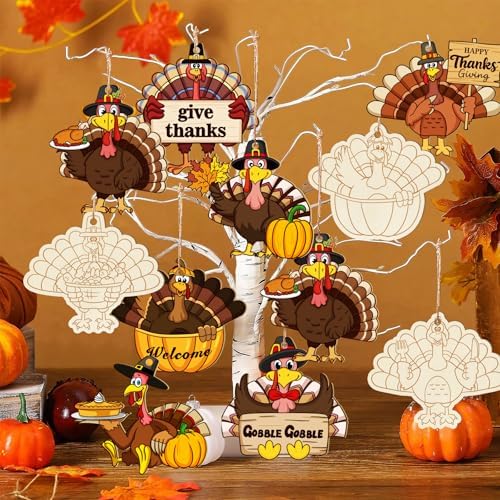 80PCS Wooden Thanksgiving Decoration Turkey Ornaments to Paint Thanksgiving Ornaments for Tree Crafts Cutouts Unfinished, DIY Blank Fall Unfinished Turkey Pumpkin Ornament for Home Harvest Hanging