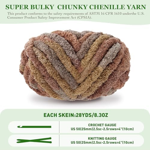 Bulky Chunky Yarn for Hand Knitting Blanket – #10 Jumbo Knitting Yarn, 1 Inch Thick Chenille Jumbo Yarn, No Knots Soft Machine Washable, Super Bulky Yarn 4 Pack for Crochet, Arm Knitting & Crafts