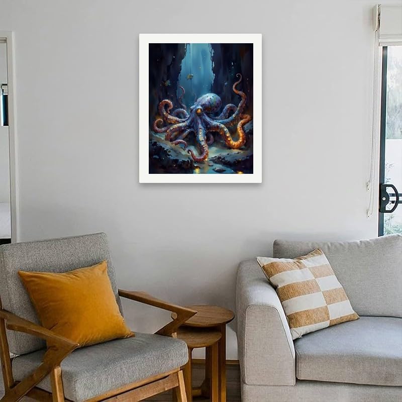 ENTORLAB Underwater Fantasy Paint by Numbers Kit for Adults - DIY Glowing Octopus in Cave Painting on Canvas 16x20In, Acrylic Paint Set, Suitable for Beginners, Art for Home Decoration or Gifts