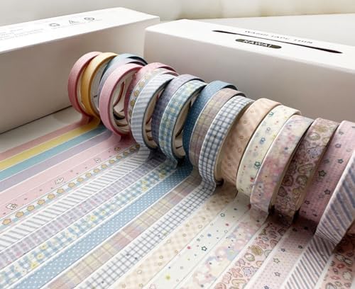 Vintage Washi Tape Set 20 Rolls Skinny Retro Decorative Antique Patterns Masking Tapes for Arts, DIY Crafts, Journals, Planners, Scrapbook, Wrapping (Kawaii)