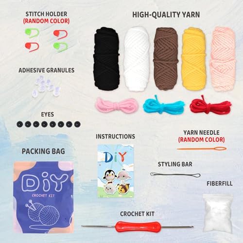 YAMAXIN Crochet Kit for Beginners Adults – 4PCS Animal Amigurumi Yarn Craft Kit with Hooks, Tools & Video Tutorials – DIY Crochet Starter Set (Chick, Whale, Penguin, Bee)