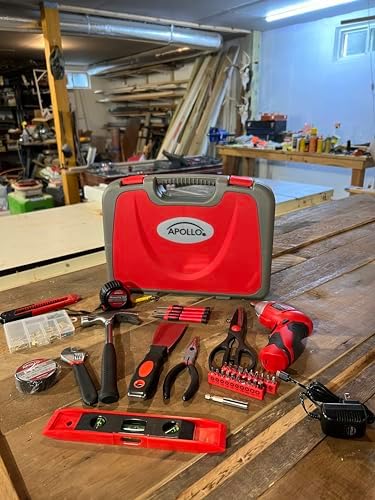 Apollo Tools 135 Piece Household Tool Set with Pivoting Dual-Angle 3.6 Volt Lithium-Ion Cordless Screwdriver – Includes Most-Needed Tool Selection and Hanging Assortment- Red - DT0773