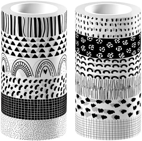 12 Rolls Black and White Rainbow Washi Tape Set Bohemian Themed Decorative Masking Tape for DIY Crafts, Scrapbooking & Gift Wrapping
