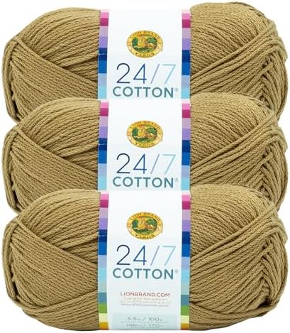 Lion Brand Yarn, 24/7 Cotton Yarn, Hay Bale, Brown, 3 Pack