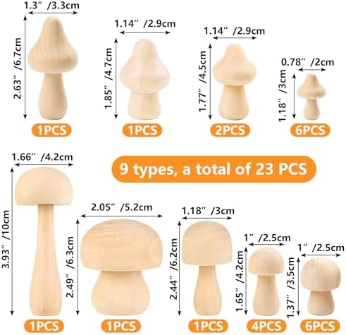 23 Pcs Unfinished Wooden Mushroom Craft Kit with 2 Brushes 9 Sizes