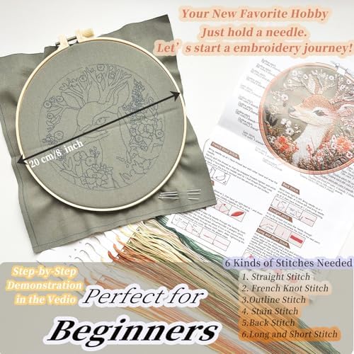 FONNUY Printed Deer and Floral Embroidery Kit with Hoop, Cross Stitch Kits for Beginners, Handmade Crafts, Easy to Follow Color Thread Needlework, 8'' Hoop (Floral Whispers Deer Listening)