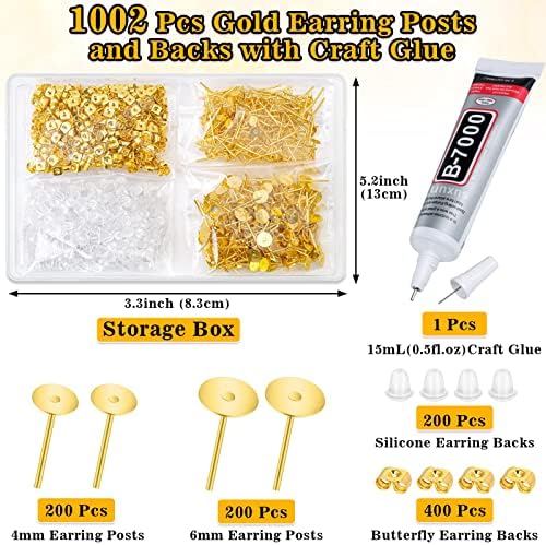 1002Pcs Stainless Steel Earring Posts and Backs with B7000 Glue, Gold