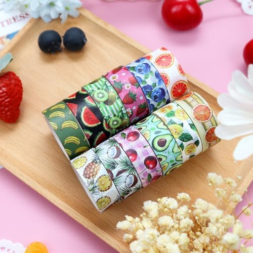 12 Rolls Fruit Themed Washi Tape Set, Colorful Floral Plants Decorative Tape Tropical Fruits Masking Tape for Journaling Supplies, Junk Journal, Scrapbooking, DIY Arts & Crafts,Gift Wrapping