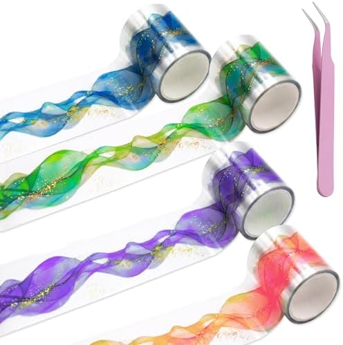 4 Rolls Aesthetic PET Tape for Journaling with Tweezers Dreamy Ribbon Scrapbooking Washi Tape Set Stickers Waterproof Transparent Sparkling Foil DIY Planner Crafts