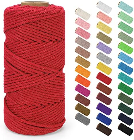 Macrame Cord 4mm x 109Yards (328Feet), Natural Cotton Macrame Rope - 4 Strands Twisted Macrame Cotton Cord for Wall Hanging, Plant Hangers, Crafts, Gift Wrapping and Wedding Decorations, Red