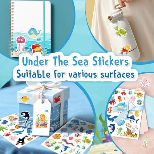 LINAYE 48 Sheets Ocean Stickers for Kids, 1040 Pcs Waterproof Under The Sea Fish Animal Stickers Ocean Under The Sea Party Favors Decorations Crafts for Kids