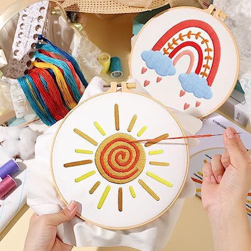 Yinder 5 Set Starter Embroidery Kit for Beginners Boho Cross Stitch with Patterns Embroidery Hoops Instructions Floss Punch Needlepoint Kits Crafts DIY Adult Beginner Cross Stitch(Rainbow)