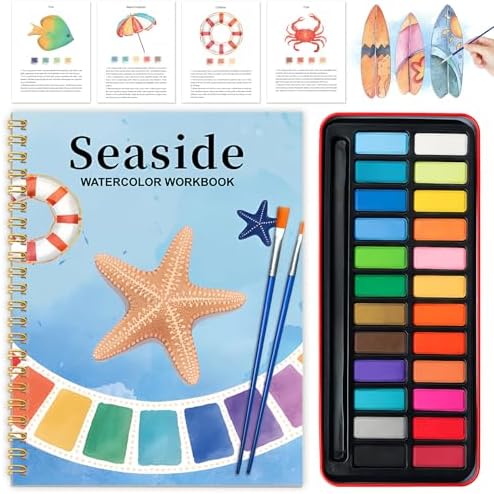 Watercolor Workbook - Coloring Book Beginner Friendly Painting Kit, Watercolor Workbooks for Adults with 24 Colors Paint, Exploration Gift for Adults Teens (Seaside)