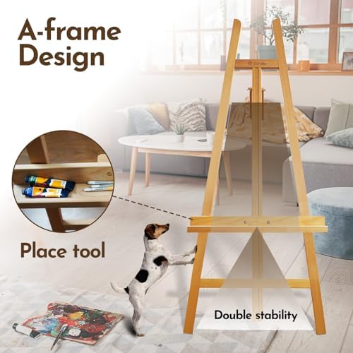Heavy Duty A-Frame Wood Easel Stand - Adjustable Studio Easel Holds Large Canvas, Mirror, Wedding Sign Up to 90 Inches, Floor Display Easel for Artists & Events, Natural Beechwood
