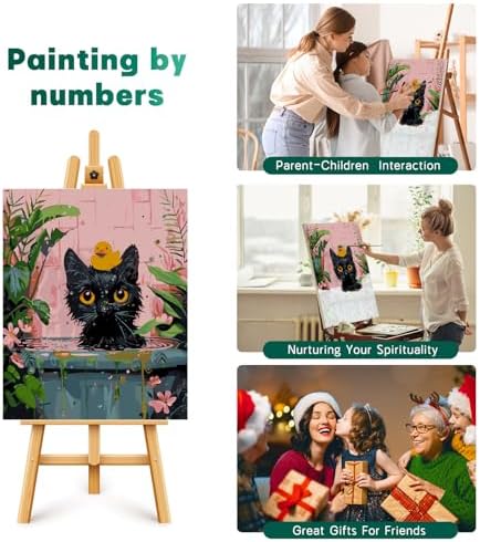 Paint by Numbers Kit for Adults Beginner, Black Cat Adult Paint by Number Kits on Canvas, DIY Easy Acrylic Watercolor Oil Paint by Number for Adults Teens Cute Animal for Home Decor Gift 16x20 Inch