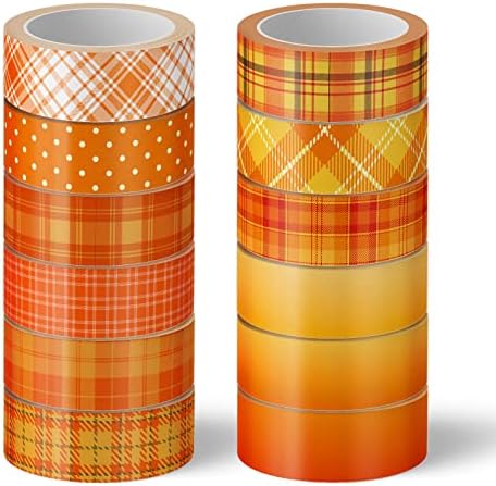 Whaline 12 Rolls Fall Plaid Washi Tapes Orange Red Buffalo Plaid Decorative Tape Autumn Solid Color Polka Dots Patterned Masking Tape for Fall Scrapbook Journal DIY Craft Gift Wrapping, 0.6Inch