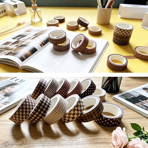 12 Rolls Vintage Plaid Washi Tape Set, Brown and Red15mm Wide