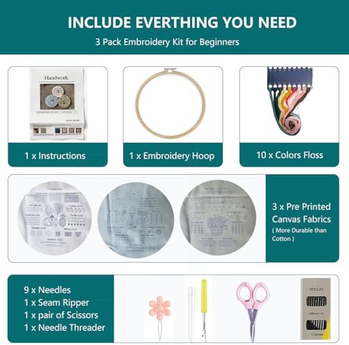Gocomcom Embroidery Kit for Beginners, 3 Sets Cross Stitch Kits for Adults, Learn 33 Core Stitches, Needle Point Kits with Step-by-Step Instructions, DIY Craft Hobby Supplies for Women