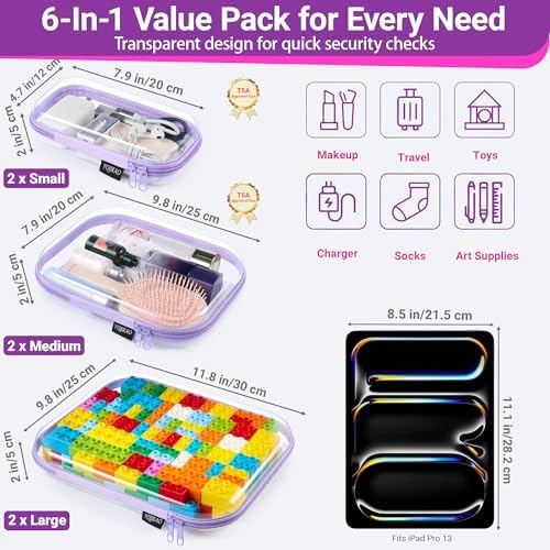 YQBRAO Clear Hard Shell Zipper Cases, 6 Multi-Size Organizers, Purple