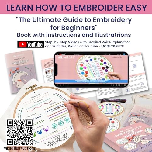 Moni Crafts Embroidery Kit for Beginners – DIY Hand Embroidery Set for Adults with 4 Stamped Patterns, Hoop, Threads, Needles and Step-by-Step Stitch Guide to Learn 33 Stitches