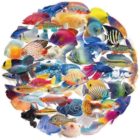 50 Pcs PET Transparent Fish Stickers, Waterproof Vinyl Colorful Tropical Fish Decals for Laptop Skateboard Luggage, Vivid Aquatic Creature Stickers Gift for Kids Teens Adults（Fish
