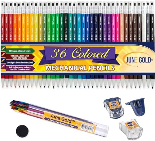 June Gold 36 Colored 2.0 mm Mechanical Pencils/w 36 Refills & 2 Sharpeners